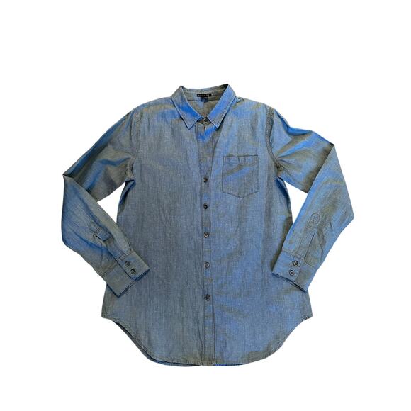NWOT Theory Women’s Nikala D/Orient Chambray Cotton/Linen Blend Shirt Size L - Picture 1 of 5